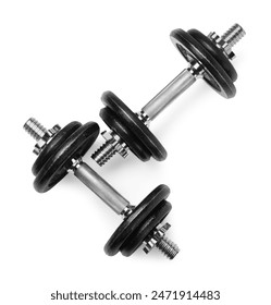 Metal dumbbells isolated on white, top view. Sports equipment