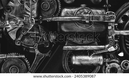 Metal engine black and white. Art print poster. old iron. old engine mechanism abstract background The old engine doesn't work.