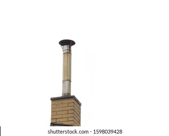 A Metal Extension Pipe Above A Brick Chimney On A Rooftop Isolated On White