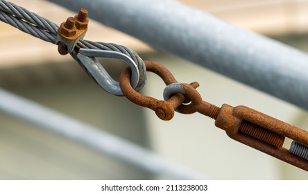 Metal Fastening Of Rusted Steel Cable Close Up