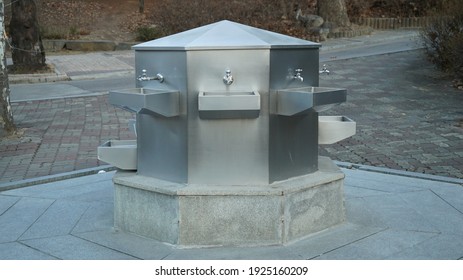 Metal Faucet For Drin Water In A Public Winter Park