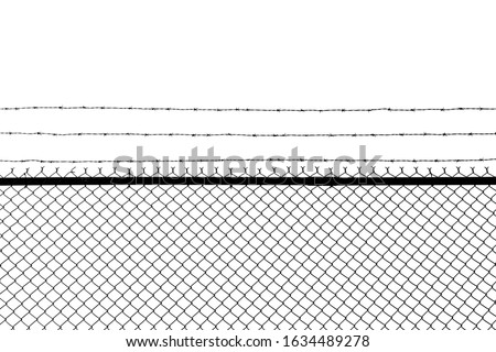 Metal fence with barbed wire isolated on a white background.