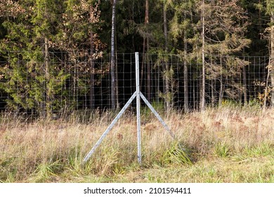 metal fences near the forest, which protect and ensure the safety of animals from the carriageway, a part of the fence that delimits the forest and the road