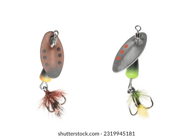 Metal fishing lure isolated on white background. Spinner lure isolated.