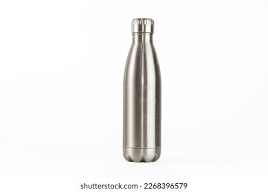 Metal flask, water bottle for the preservation of a hot or cold liquid Isolated on a white background.