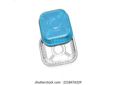 Metal Food Container Of Blue Color On A White Background