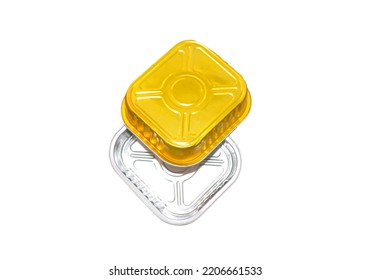 Metal Food Container Of Gold Color On A White Background