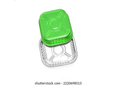 Metal Food Container Of Green Color On A White Background