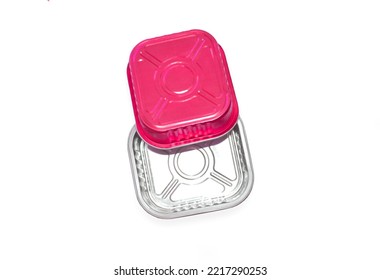 Metal Food Container Of Pink Color On A White Background