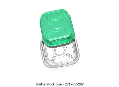 Metal Food Container Of Turquoise Color On A White Background