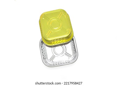 Metal Food Container Of Yellow Color On A White Background