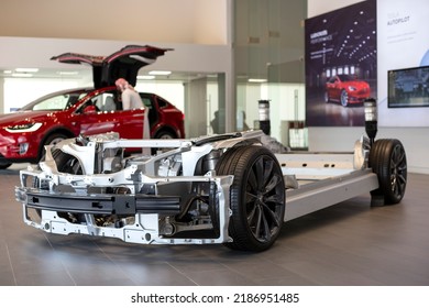Metal Frame Of Tesla Model X In Car Show. Electric Car Frame. Dubai, United Arab Emirates, February, 2020