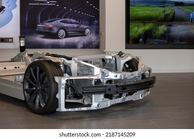 Metal Frame Of Tesla Model X In Car Show. Electric Car Frame. Dubai, United Arab Emirates, February, 2020