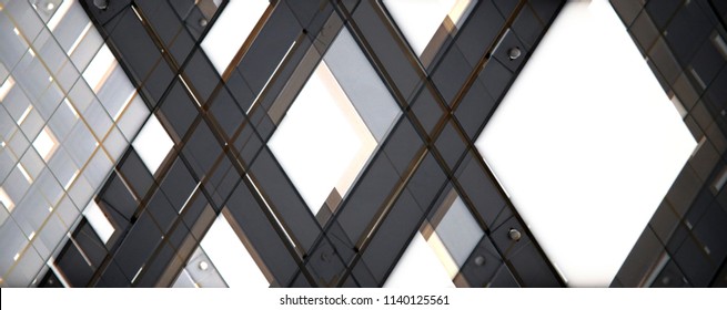 Metal Frames. Windows Of Modern Architecture. Abstract Black And White Background With Rhombus Pattern On The Subject Of Real Estate And Construction Industry.