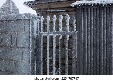 Metal gate of a garden with frozen snow after a foggy and stormy day - Shutterstock ID 2254787787