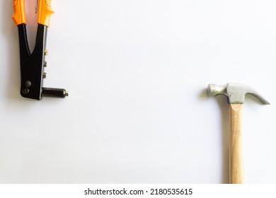 Metal Hammer With Wood Handle And Rivet Tool With Various Layouts Isolated On A White Background.