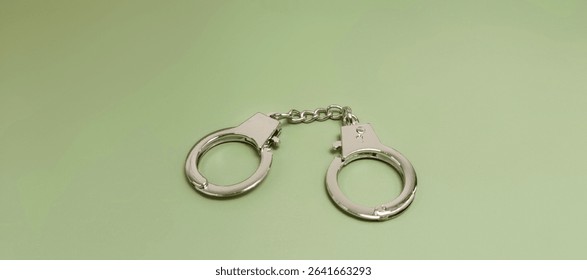 Metal Handcuffs on Green Background Representing Law Enforcement, Crime, Arrest, Police Tools, Legal Punishment, and Justice System in a Minimal Concept. 