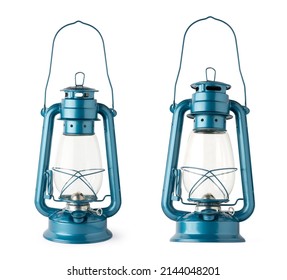 Metal Hanging Hurricane Gas Lanterns, Camping Light Or Interior Decoration Glass Oil Lamp, Isolated On White Background, Collection In Different Angles