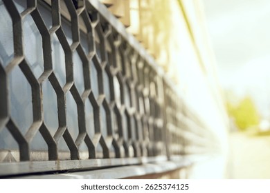 Metal hexagonal honeycomb grille on a tall sunlit window, creating striking geometric shadows and modern architectural detail.