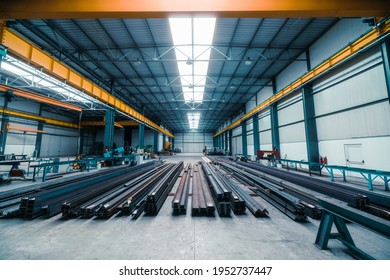 Metal Industry Manufacturing Hall. Steel Profiles On The Ground.