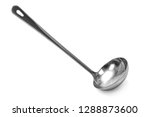 Metal kitchen soup ladle isolated on white background in close-up