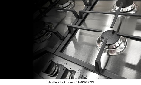 Metal  Kitchen Stove Close Up In Home Kitchen. Background Gas Crisis With Copy Space