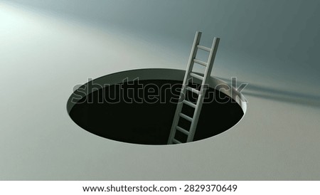 A metal ladder extends from a dark, circular opening in a flat surface, reaching towards a bright light source above.