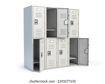 Metal locker box with open doors isolated on white. 3d illustration