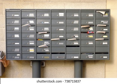 metal mailboxes in an apartment building