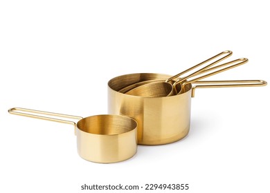 Metal measuring cups on white background
