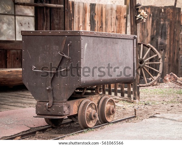 Metal mining cart for silver transportation in\
Calico, ghost town, in\
USA