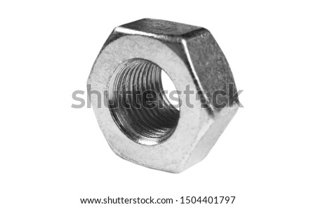 Metal nut isolated on white background. Chromed screw nut isolated. Steel nut isolated. Tools for work.