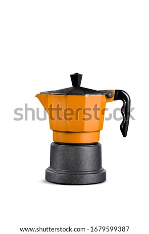 Metal Orange moka coffee pot with grey bottom isolated on white background