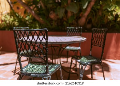 Metal Outdoor Furniture Set, Vintage Style, Spanish Patio In The Garden.