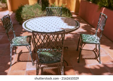 Metal Outdoor Furniture Set, Vintage Style, Spanish Patio In The Garden.