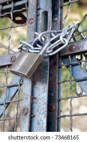 Metal Padlock And Chain On Metal Gate.