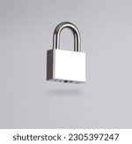 Metal padlock levitating on gray background with shadow