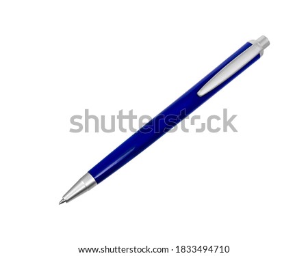Metal pen isolated on white background. Blue ballpoint pen cut out. Metallic disposable biro pen.