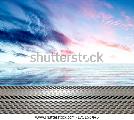 Similar – wooden platform with blue posts with ropes and orange lifebuoys on the background of the sea and sky with clouds Egypt Dahab South Sinai