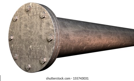 A Metal Pipe With A Blank Flange Shutting Off The End On An Isolated Studio Background