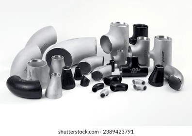 Metal pipe fittings or pipe fittings, ping and plumbing pipes on white background