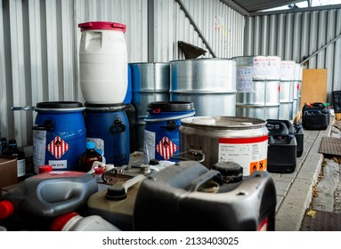 Metal And Plastic Barrels Containing Hazardous Chemicals From Industry, Waste Management Concept, Business Concept