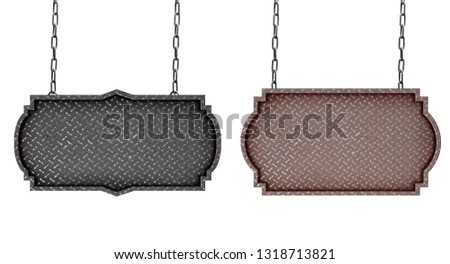 Metal plate with diamond pattern signboard with chains isolated on white background