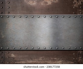 Metal Plate With Rivets Over Rustic Steel Background