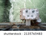 A metal platform on a bridge above a fish ladder at Bonneville Dam on Bradford Island in Oregon, USA