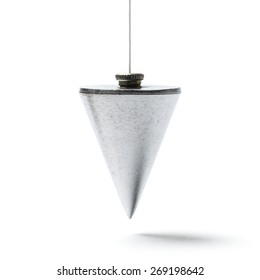 Metal plummet in the form of a cone hanged on a cord. Image is square and the object is isolated on white.