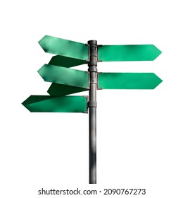 Metal Pole With Seven Green Arrow Pointers Isolated On White. Signpost Mockup With Blank Direction Indicators