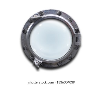 Metal porthole over white background