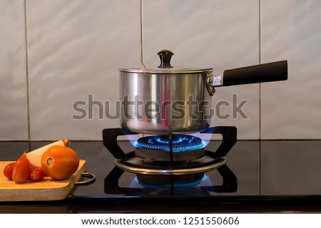 Metal pot on the flame gas stove for boiling water Soup, Cooking in the kitchen