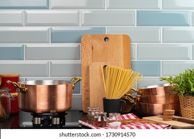 Metal Pot On A Gas Stove Burner At Home Kitchen Close Up